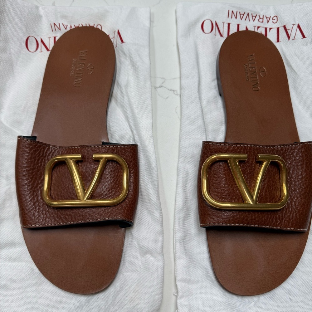 Valentino Garavani Brown Leather Slide Sandals with Gold V Logo